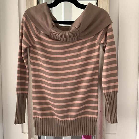 APOSTROPHE PINK TAN STRIP OFF SHOULDER SWEATER - Picture 6 of 9